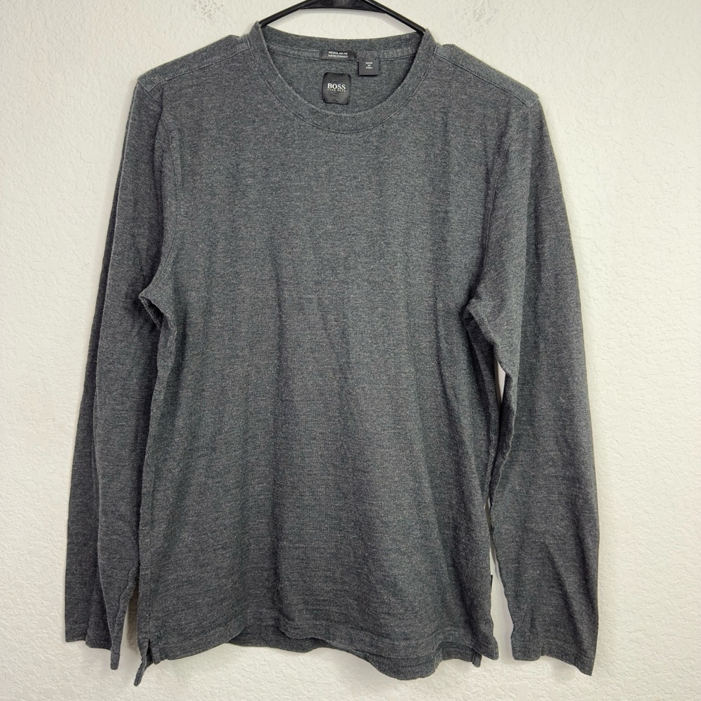 BOSS Hugo Boss Shirt Mens M Gray Speckled Crew Neck Long Sleeve Casual Classic